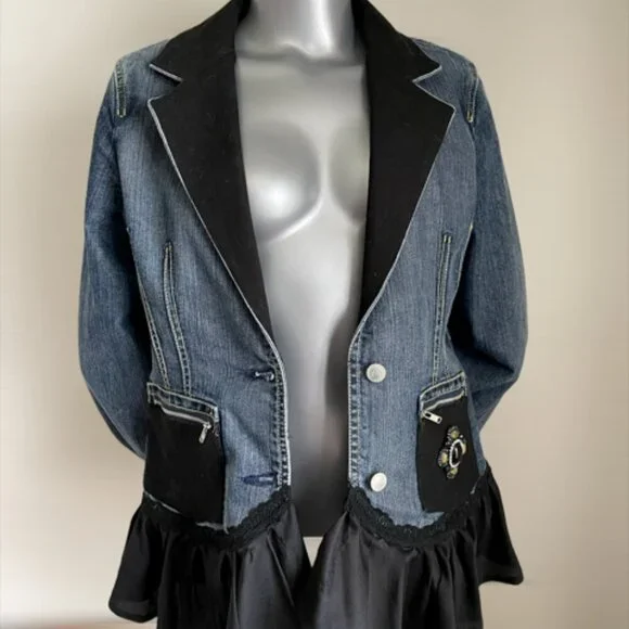 ☆ OOAK Refashioned Reworked Black Denim Steampunk Renaissance Jean Jacket Coat - Picture 8 of 11